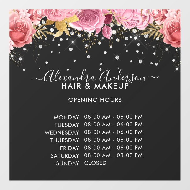 Autocollant Pour Fenêtre Heures d'Ouverture Black Pink Fleurs Diamants Pail (Feuille)