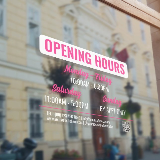 Autocollant Pour Fenêtre Heures d'ouverture Code QR écriture rétro rose et  (Créateur téléchargé)