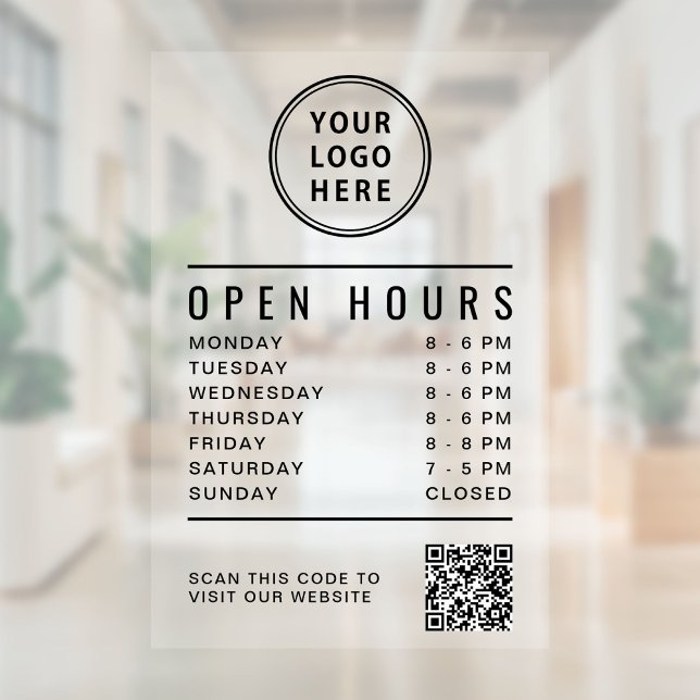 Autocollant Pour Fenêtre Heures d'ouverture Code QR Logo de l'entreprise (Minimalist Open Hours QR Code Business Logo Window Cling)