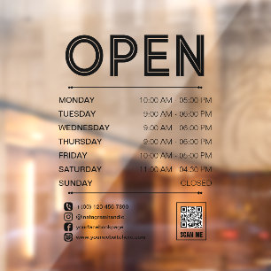 Autocollant Pour Fenêtre Heures d'ouverture code QR noir propre et pratique
