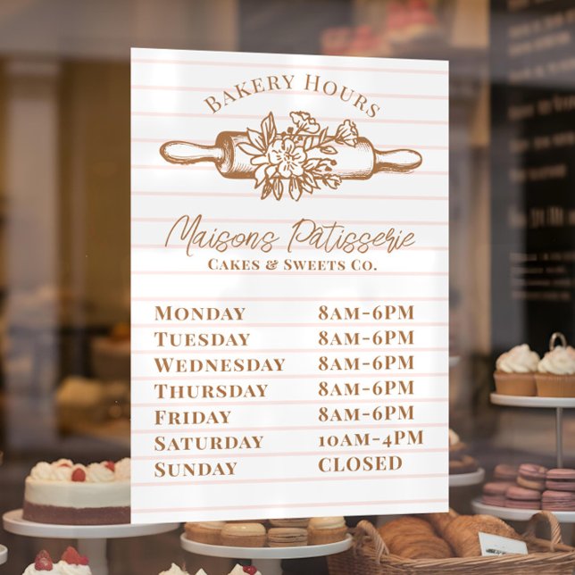 Autocollant Pour Fenêtre Heures d'ouverture de la boulangerie avec rouleau  (Pink Stripe Floral Rolling Pin Bakery Store Hours Window Cling)