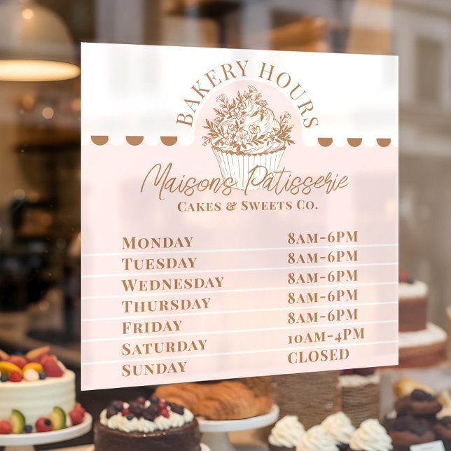 Autocollant Pour Fenêtre Heures d'ouverture de la boulangerie-pâtisserie Pi (Pink Floral Cupcake Bakery Pastry Shop Store Hours Window Cling)