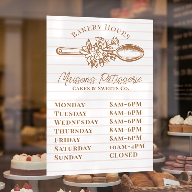 Autocollant Pour Fenêtre Heures d'ouverture de la boutique de boulangerie P (Pink Stripe Floral Spoon Bakery Shop Store Hours Window Cling)
