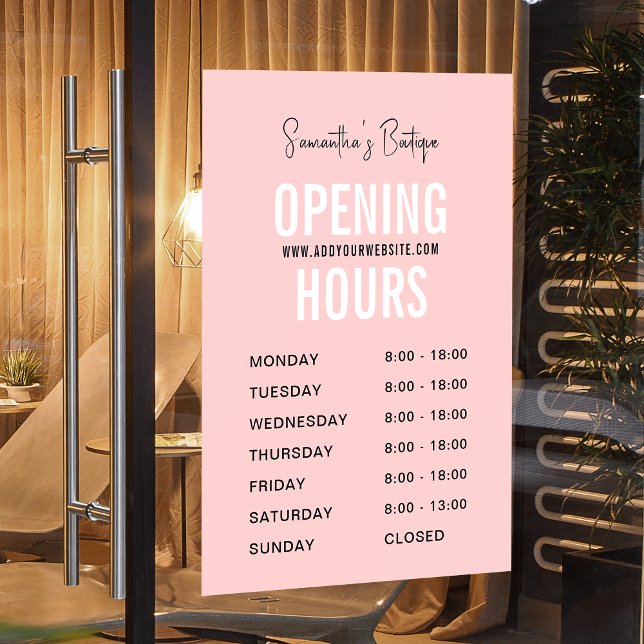 Autocollant Pour Fenêtre Heures d'ouverture de la boutique simple rose mode (Modern blush pink opening hours window cling sign with fully editable text and colors)
