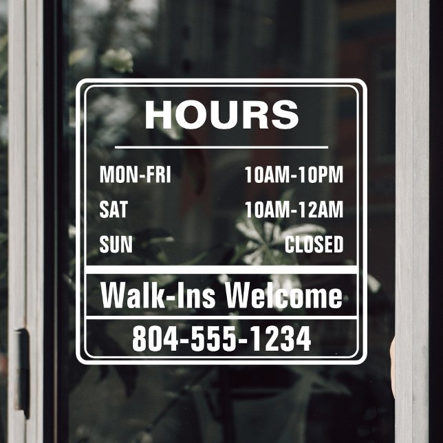 Autocollant Pour Fenêtre Heures d'ouverture de l'entreprise Numéro de télép (store hours of operation transparent door sticker)
