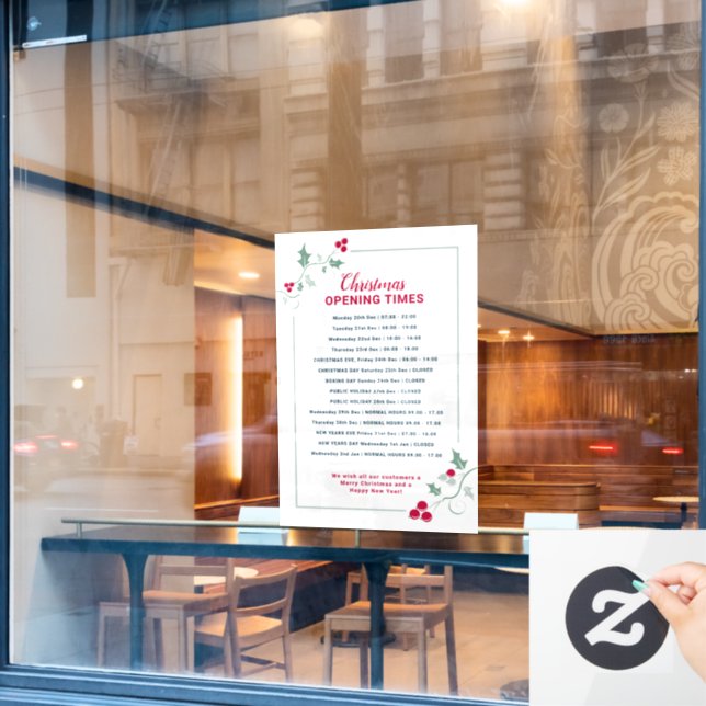 Autocollant Pour Fenêtre Heures d'ouverture de Noël, houx rouge et vert (Fenêtre de café)