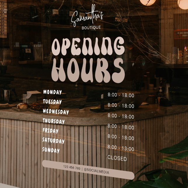 Autocollant Pour Fenêtre Heures d'ouverture de salon de beauté tendance bei (Trendy opening hours window cling with retro fonts, cream and white text and transparent background)