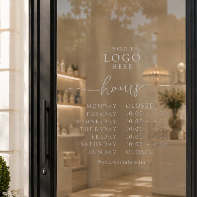 Autocollant Pour Fenêtre Heures d'ouverture de script élégant minimal Logo  (Créateur téléchargé)