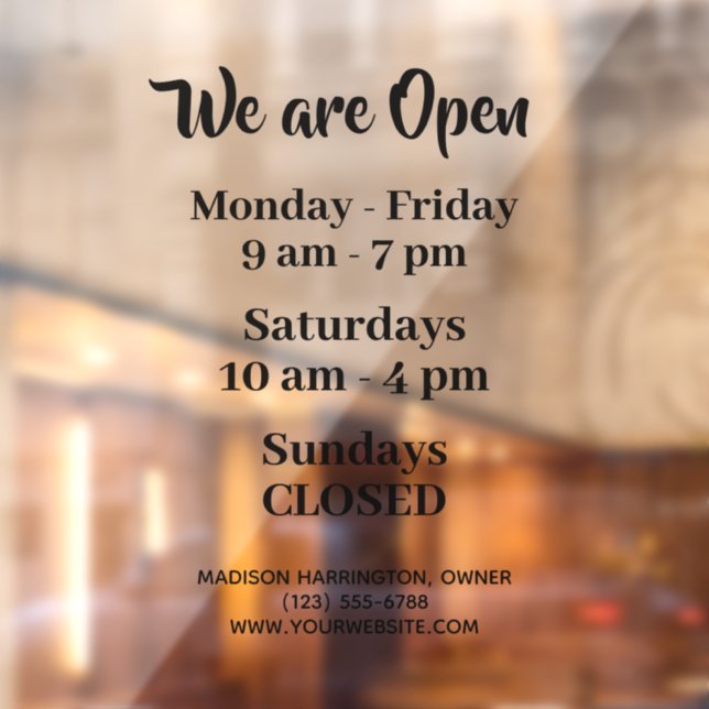 Autocollant Pour Fenêtre Heures d'ouverture de texte personnalisées (Feuille 2)