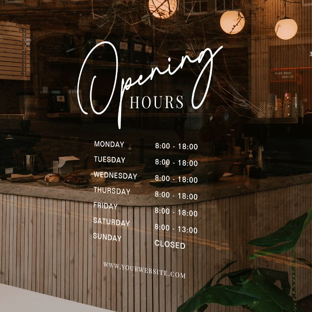 Autocollant Pour Fenêtre Heures d'ouverture d'entreprise blanches Script si (Modern business opening hours sign with transparent background and white text)