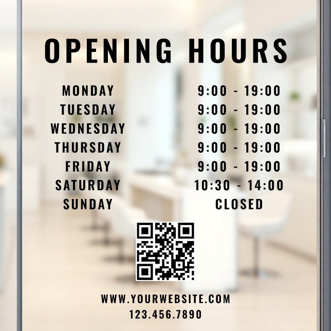 Autocollant Pour Fenêtre Heures d'ouverture d'entreprise Code QR minimalist (Créateur téléchargé)