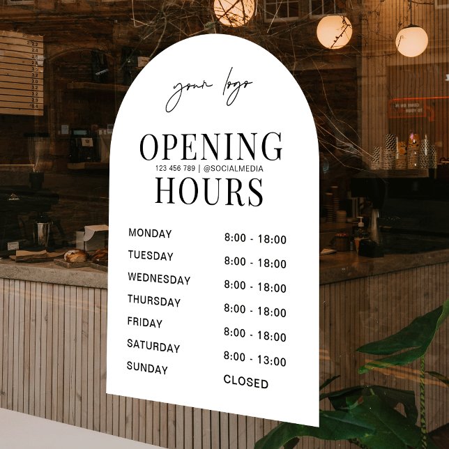 Autocollant Pour Fenêtre Heures d'ouverture du logo d'entreprise à arche bl (Modern white arch business opening times window cling sign for your shop, salon or office)