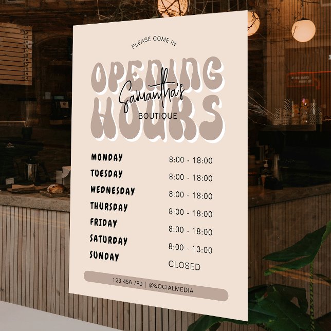 Autocollant Pour Fenêtre Heures d'ouverture du salon de spa tendance beige  (Modern business opening times sign in neutral beige and white colors, featuring retro fonts)