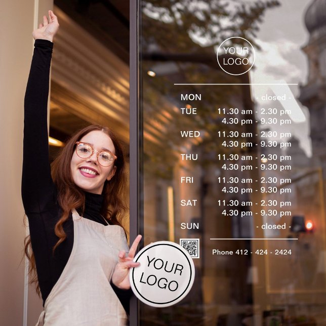 Autocollant Pour Fenêtre Heures d'ouverture d'une entreprise moderne avec c (Corporate design window cling template with opening hours with break, logo, QR code, phone number.)