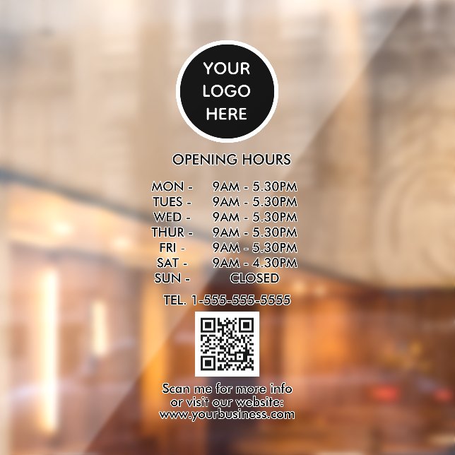 Autocollant Pour Fenêtre Heures d'ouverture Logo d'entreprise noire Code QR (Feuille 2)