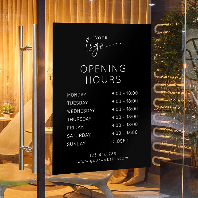 Autocollant Pour Fenêtre Heures d'ouverture Logo Entreprise Élégant Moderne (Shop opening times window cling sign in black with space for your logo)