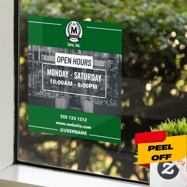 Autocollant Pour Fenêtre Heures d'ouverture simples monochromes vert blanc  (Minimalist Green & White Open Hours Window Clings & Frames)