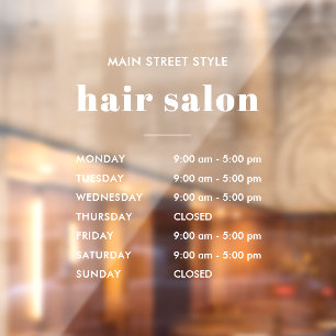 Autocollant Pour Fenêtre Heures d'ouverture simples pour salon de coiffure