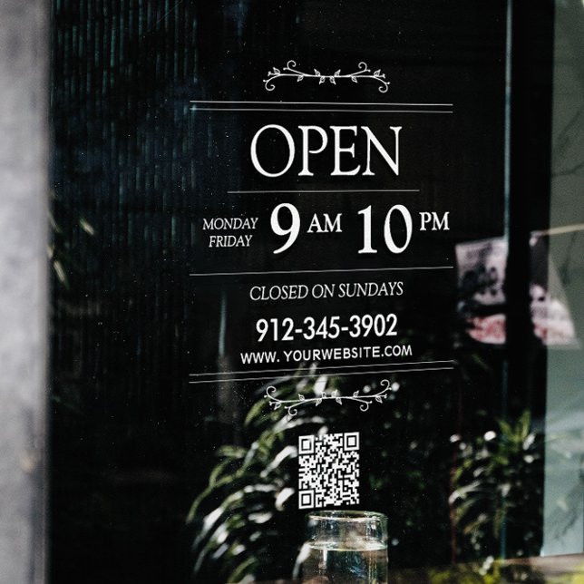 Autocollant Pour Fenêtre Heures d'ouverture Transparent Qr Code Moderne (Opening Hours Transparent Qr Code Modern Window Cling)