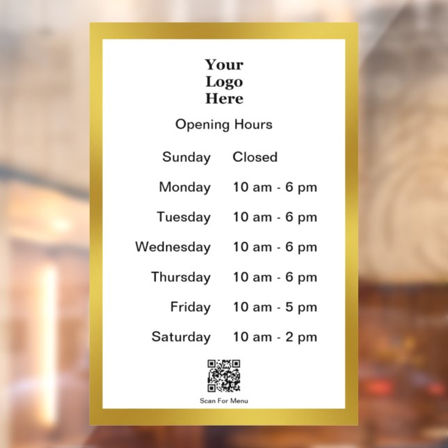 Autocollant Pour Fenêtre Heures d'ouverture White Gold Business Logo Code Q (Feuille 2)