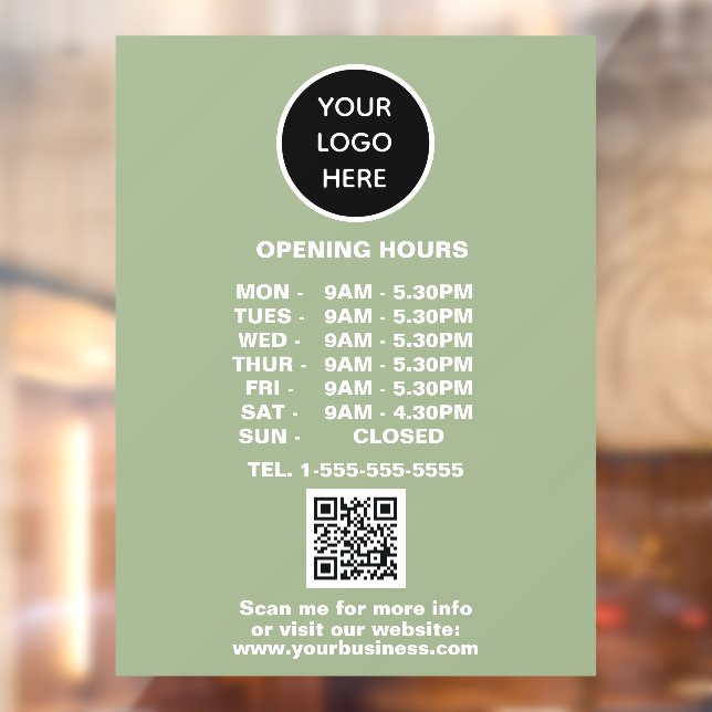 Autocollant Pour Fenêtre Horaires d'ouverture Sage Green Business Logo QR C (Feuille 2)