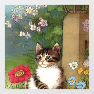 Autocollant Pour Fenêtre Illustration vintage de chat avec fleurs de printe