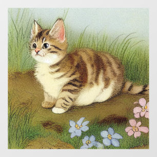 Autocollant Pour Fenêtre Illustration vintage Kitten avec fleurs