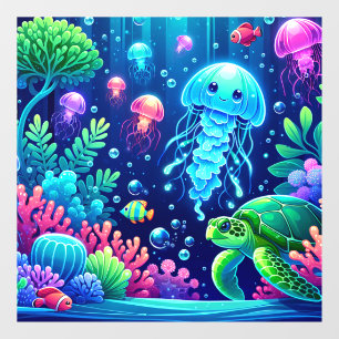 Autocollant Pour Fenêtre Imaginaire marin vibrant avec méduse et tortues