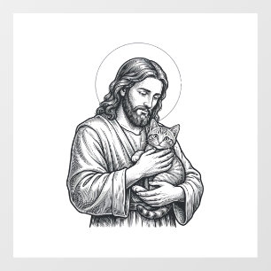 Autocollant Pour Fenêtre Jésus vintage tenant un chat gravure graphique_1