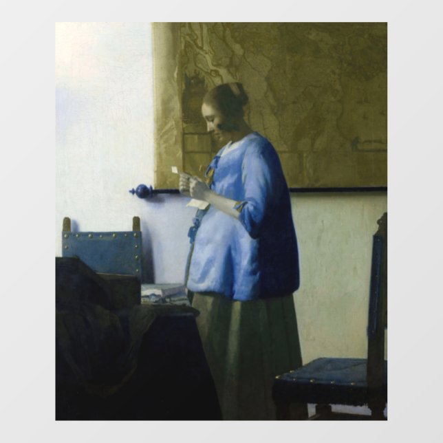 Autocollant Pour Fenêtre Johannes Vermeer - Une femme en bleu lisant une le (Feuille)