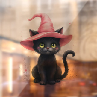 Autocollant Pour Fenêtre Joli Chat Noir avec Chapeau de Sorcière Rose Hallo