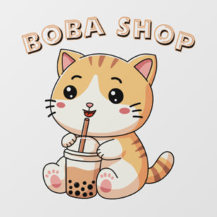 Autocollant Pour Fenêtre Joli chaton buvant du bubble tea, thé aux perles