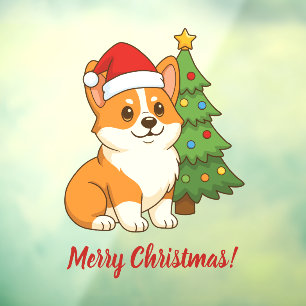 Autocollant Pour Fenêtre Joli chien Corgi avec un chapeau rouge et un sapin