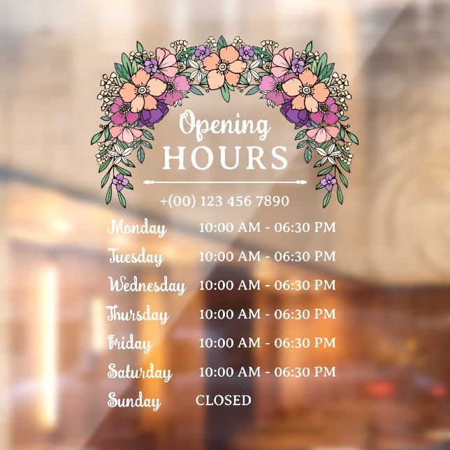 Autocollant Pour Fenêtre Jolie entreprise d'heures d'ouverture florales pêc (Feuille 2)