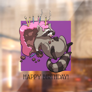 Autocollant Pour Fenêtre Joyeux anniversaire Greedy Raccoon Cake Cartoon