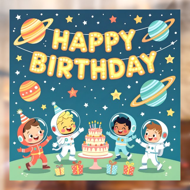 Autocollant Pour Fenêtre Joyeux anniversaire thème spatial (Feuille 2)
