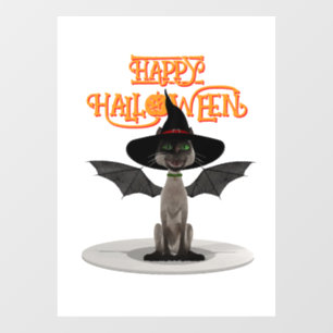 Autocollant Pour Fenêtre Joyeux Halloween. Chat avec ailes et casquette de