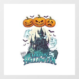 Autocollant Pour Fenêtre Joyeux Halloween Château Hanté Citrouilles Fantôme