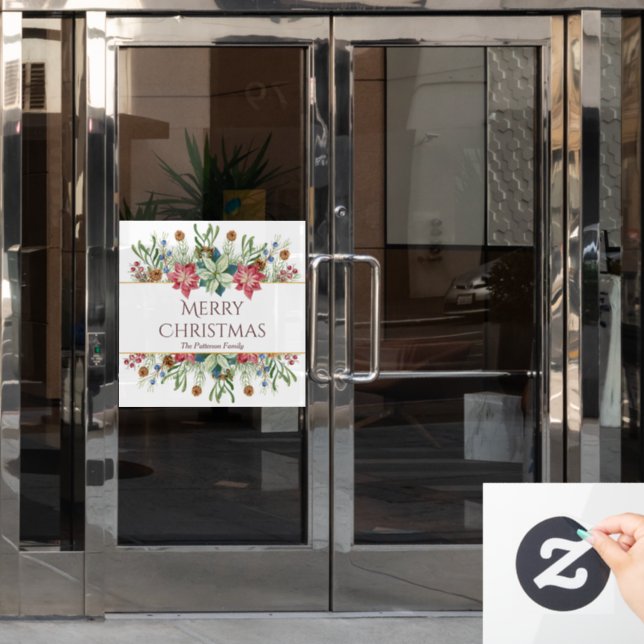 Autocollant Pour Fenêtre Joyeux Noël Aquarelle Fleurs d'hiver Nom (Porte de bureau)