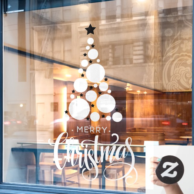 Autocollant Pour Fenêtre Joyeux Noël Arbre Blanc Etoiles Vacances (Fenêtre de café)