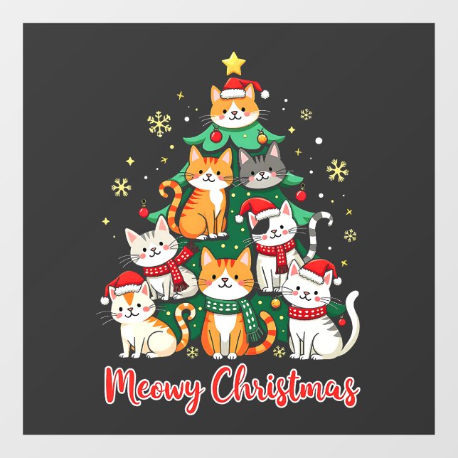 Autocollant Pour Fenêtre Joyeux Noël Drôle Catmas Kitten Xmas Tree (Feuille)