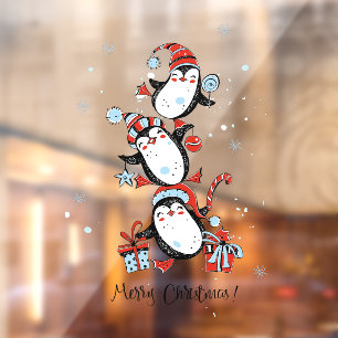 Autocollant Pour Fenêtre Joyeux Noël Manchots Danseurs Flocons de Neige