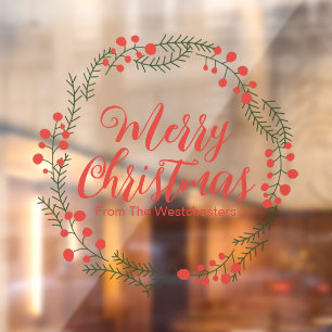 Autocollant Pour Fenêtre Joyeux Noël rouge script rustique cadre de couronn