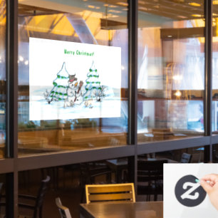 Autocollant Pour Fenêtre Joyeux Noël ! Snowman avec chat et chiot