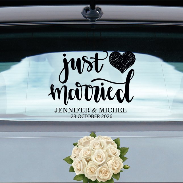Autocollant Pour Fenêtre Just Married romantic black script wedding car (Créateur téléchargé)
