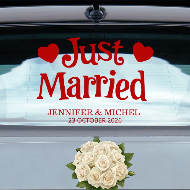 Autocollant Pour Fenêtre Just Married romantic red script wedding car (Créateur téléchargé)