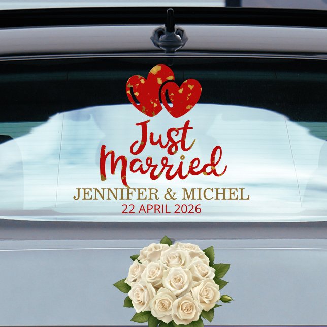 Autocollant Pour Fenêtre Just Married Wedding Car Window Cling with Hearts (Créateur téléchargé)