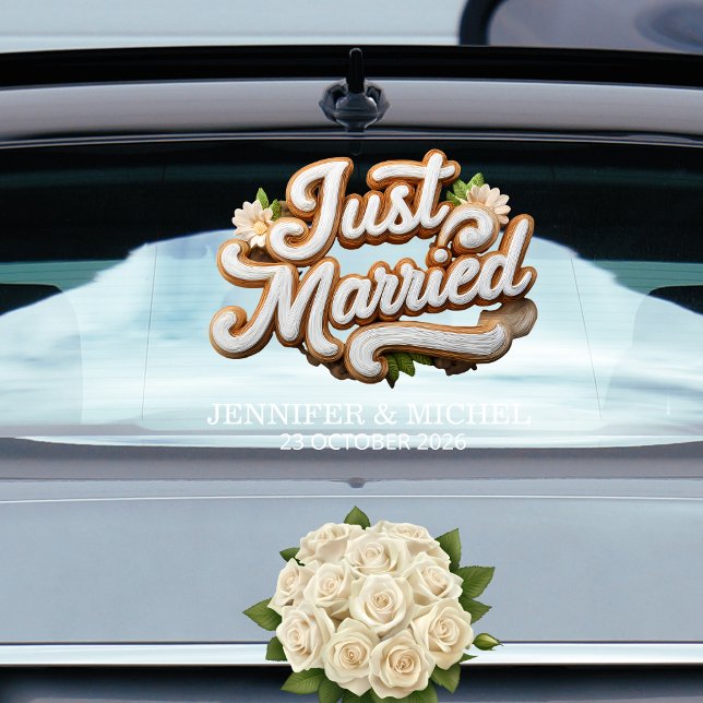 Autocollant Pour Fenêtre Just Married white gold script wedding car (Créateur téléchargé)