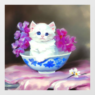 Autocollant Pour Fenêtre Kitten blanc vintage aux fleurs roses