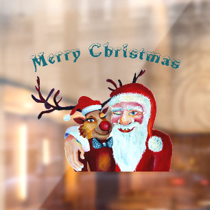 Autocollant Pour Fenêtre Le Père Noël avec Rudolph le Reindeer Illustration